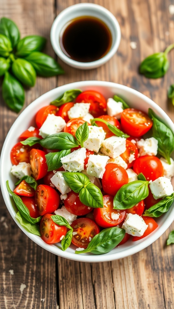 Mediterranean Feta Tomato Salad Recipe A Mediterranean feta tomato salad with tomatoes, feta cheese, and basil in a bowl on a wooden table.